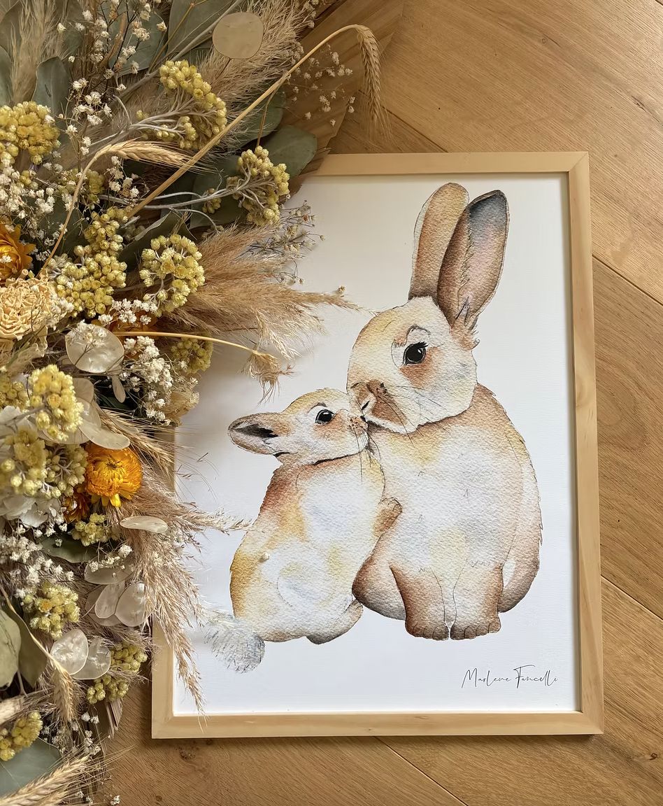 Aquarelle en cadre Famille Lapin - Marlene Fancelli Art famille lapin 123451239567