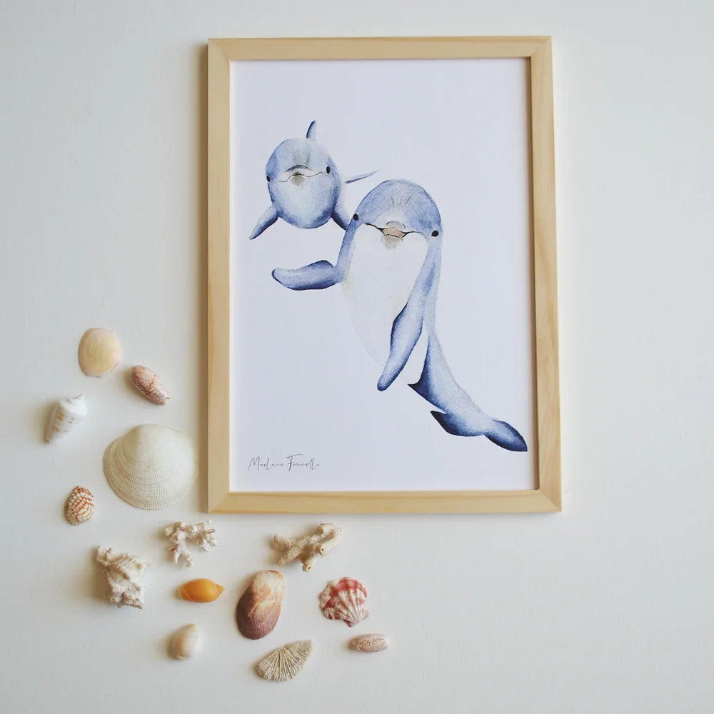 Aquarelle en cadre Famille dauphins- Marlène Fancelli Art famille dauphins 1234512363