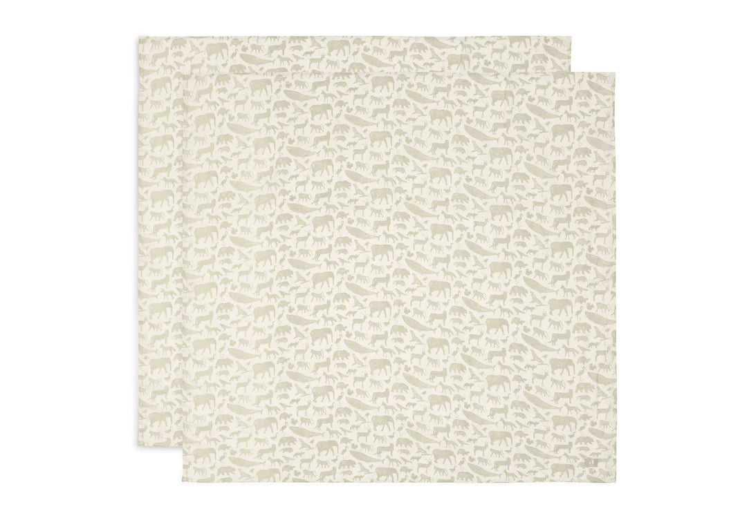 Lange gaze de coton 115x115cm animals olive green Pack 2 - JOLLEIN 535-852-67043 8717329376977