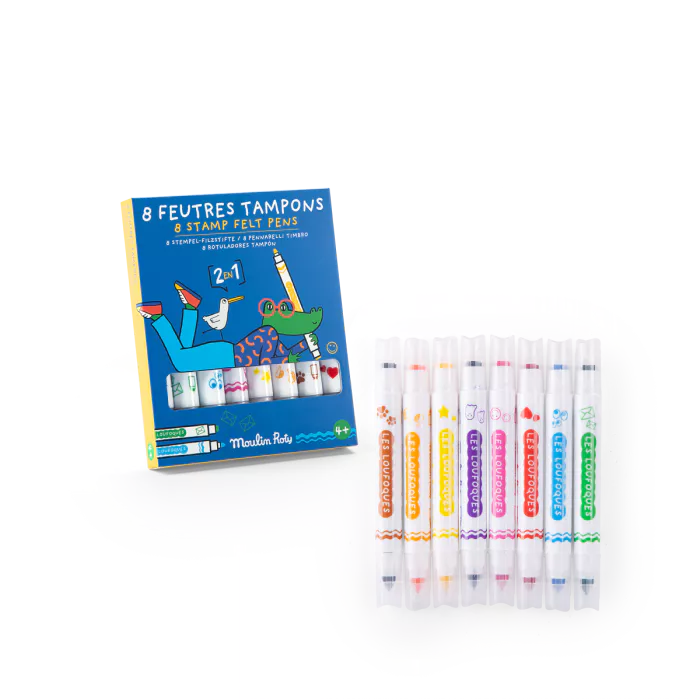 8 Feutres tampons 2 en 1 Les Loufoques - Moulin Roty 683602 