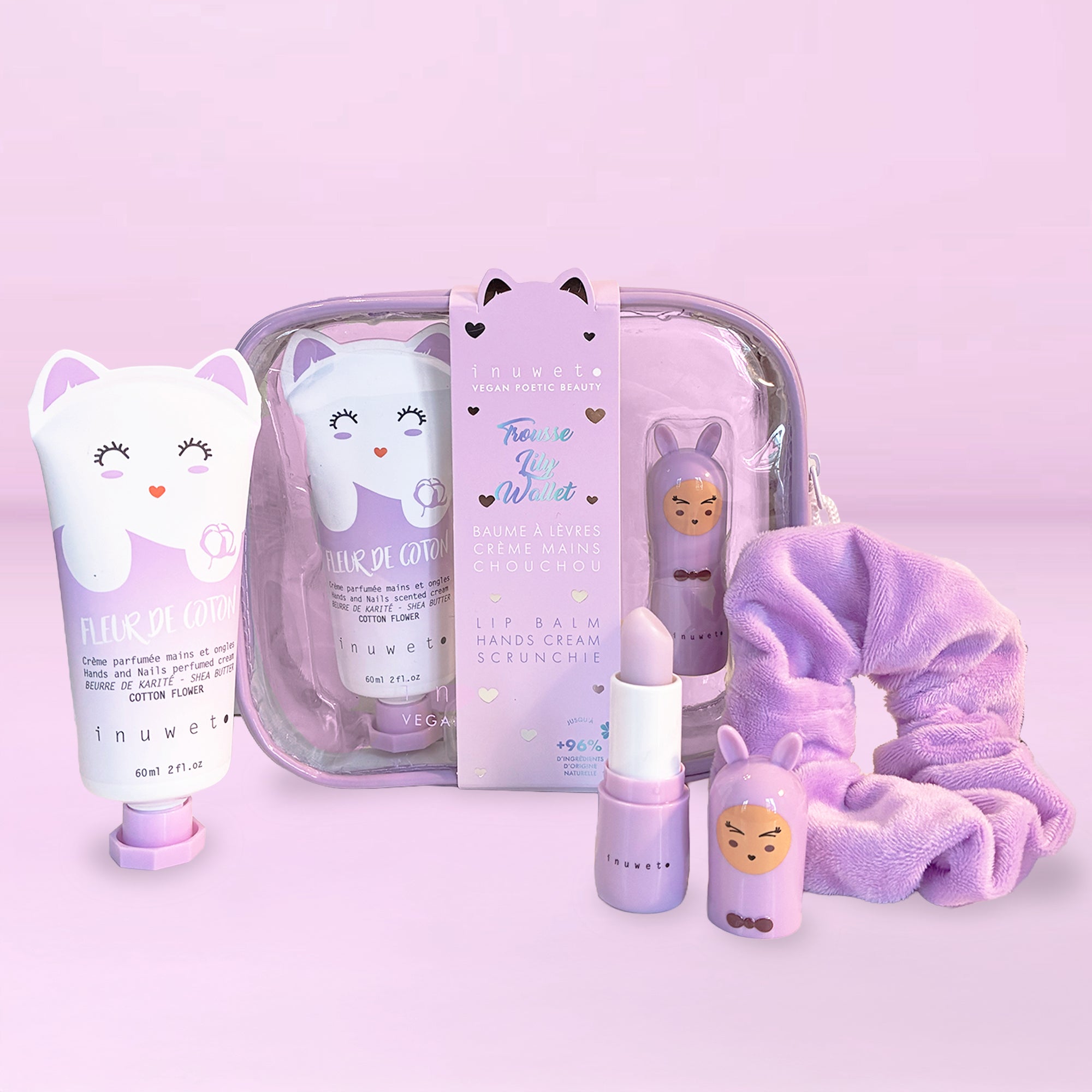 Trousse mauve Lily baume, crème mains et chouchou Inuwet – vue 2
