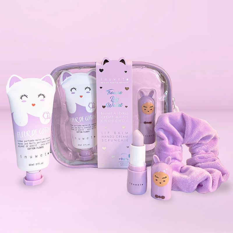 Trousse mauve Lily baume, crème mains et chouchou – Inuwet