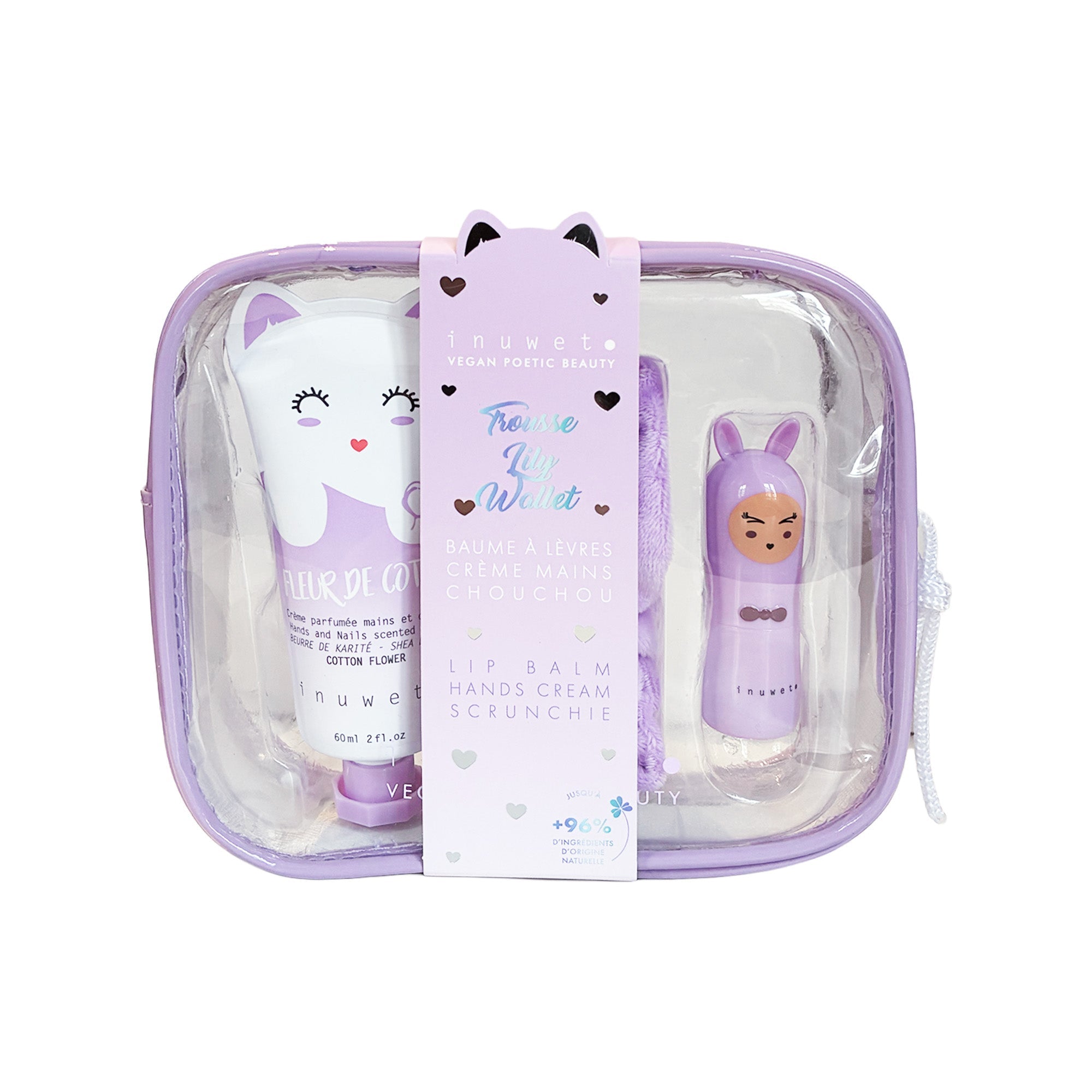 Trousse mauve Lily baume, crème mains et chouchou Inuwet