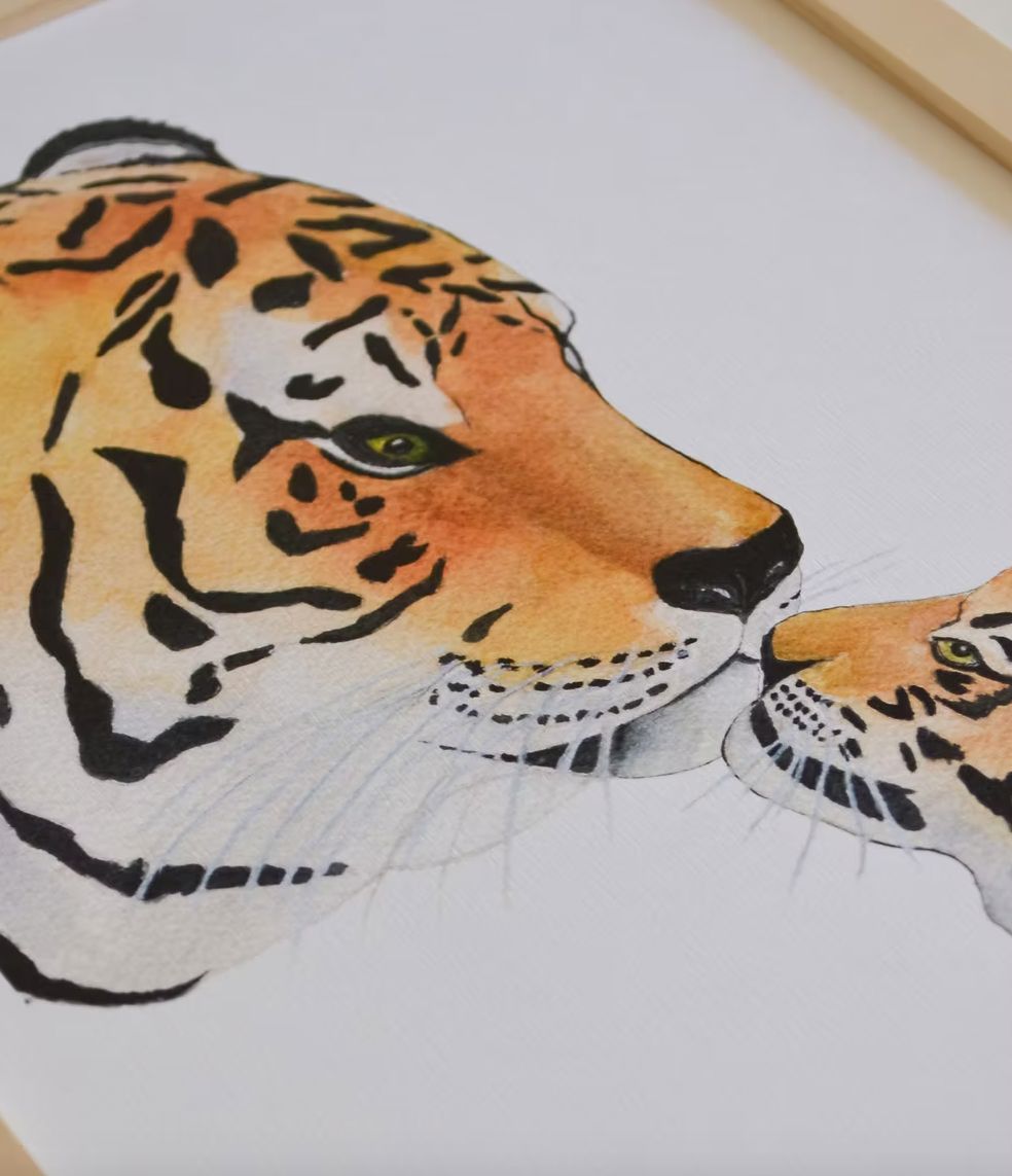 Aquarelle en cadre Famille Tigre - Marlene Fancelli Art famille tigre 347362954634