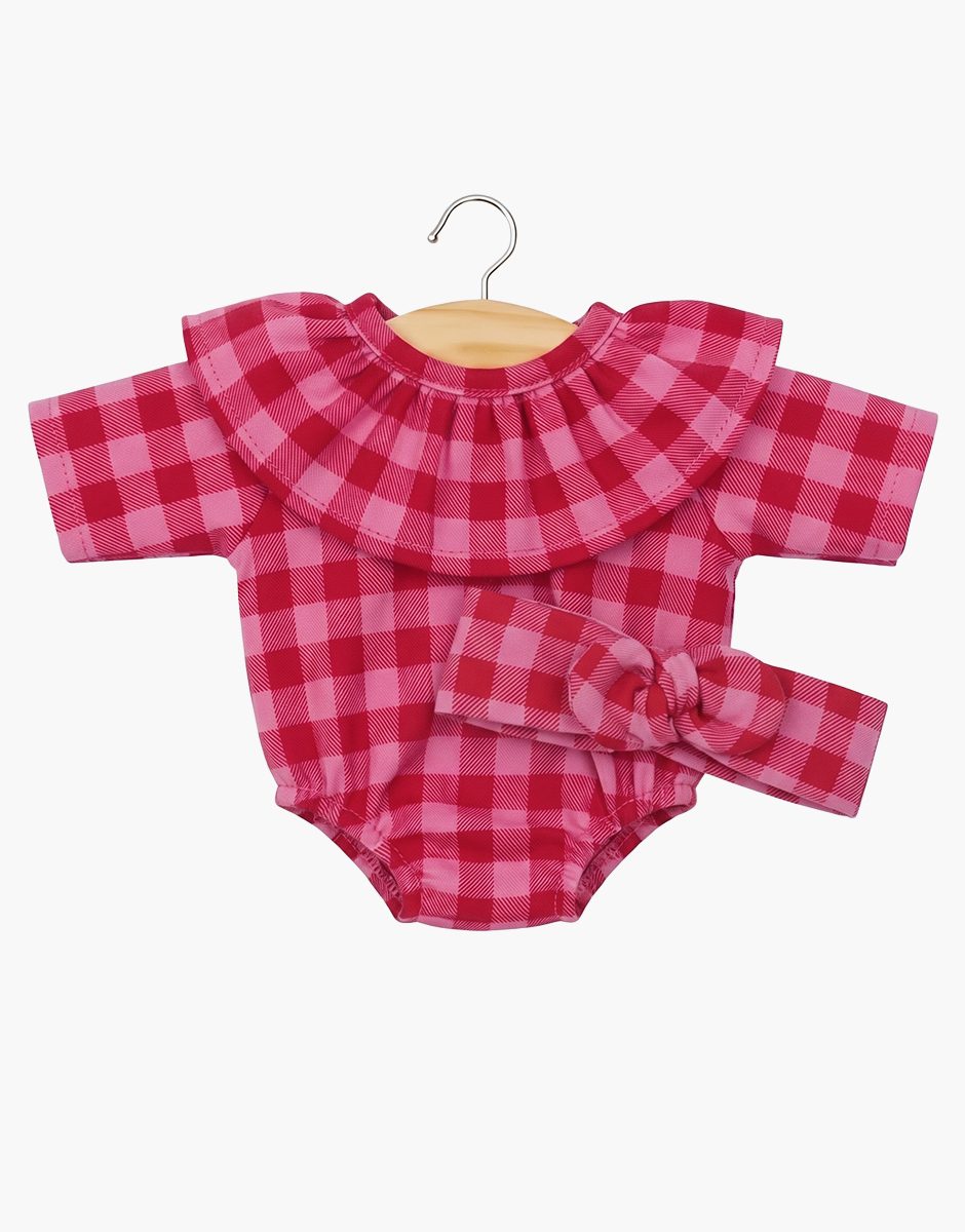 Barboteuse à collerette Colette en flanelle Vichy cerise et son headband de Minikane
