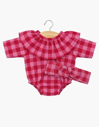 Barboteuse à collerette Colette en flanelle Vichy cerise et son headband de Minikane