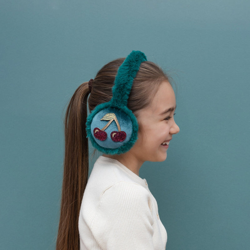 Cache-oreilles enfant Cerises teal cherries - Mimi & Lula 