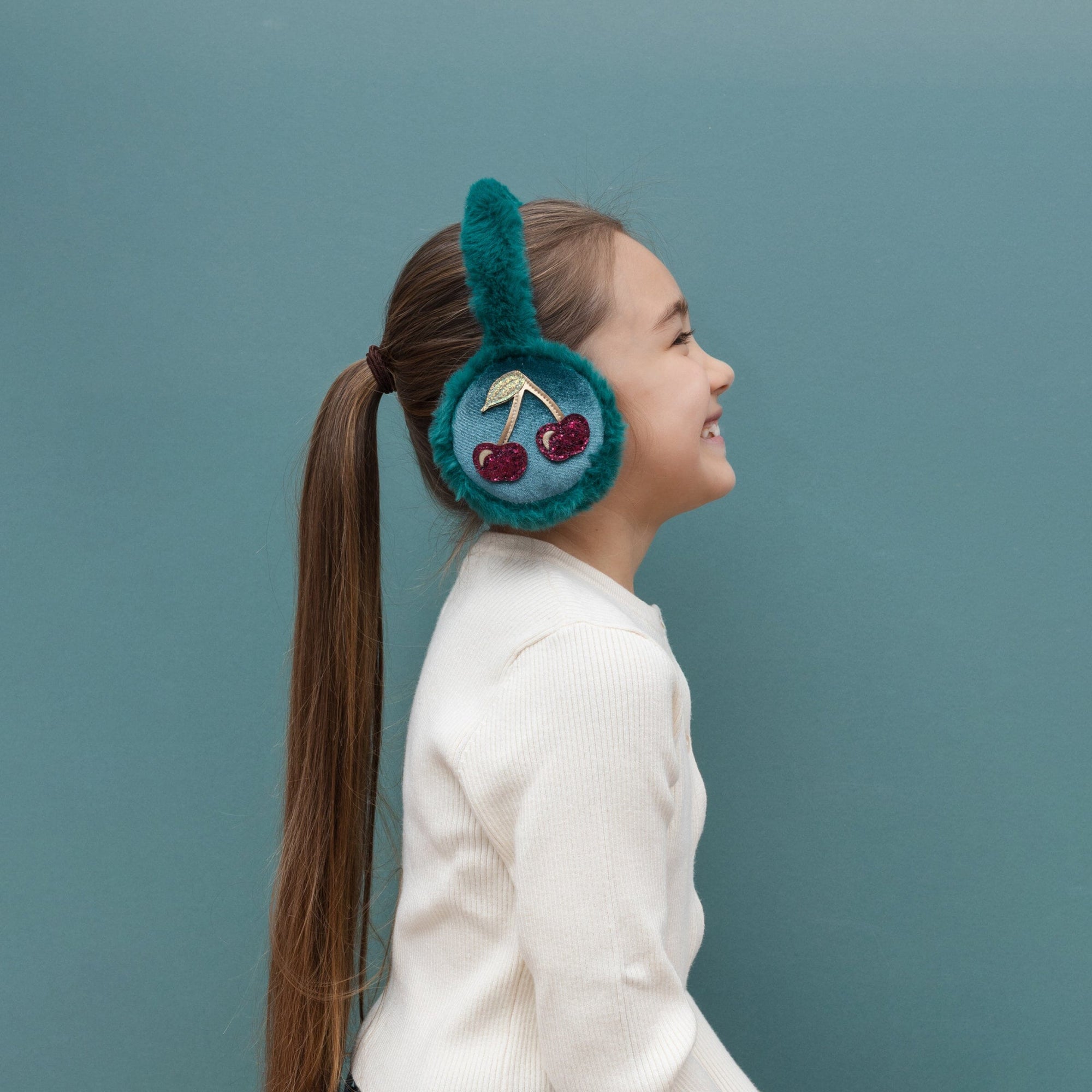 Cache-oreilles enfant Cerises teal cherries - Mimi & Lula