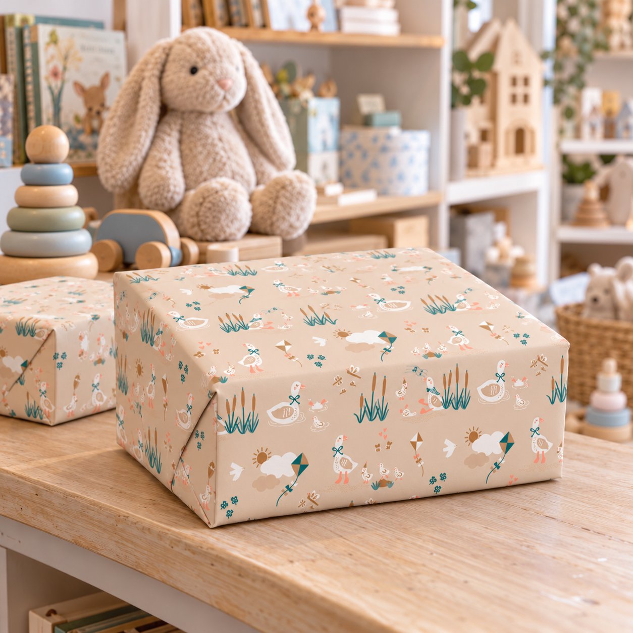 Cadeau emballé dans le papier cadeau Emilie & Compagnie, à retirer en boutique à Aix-en-Provence