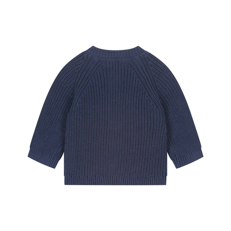 Cardigan bébé bleu foncé en maille – A Tiny Story, vue de face