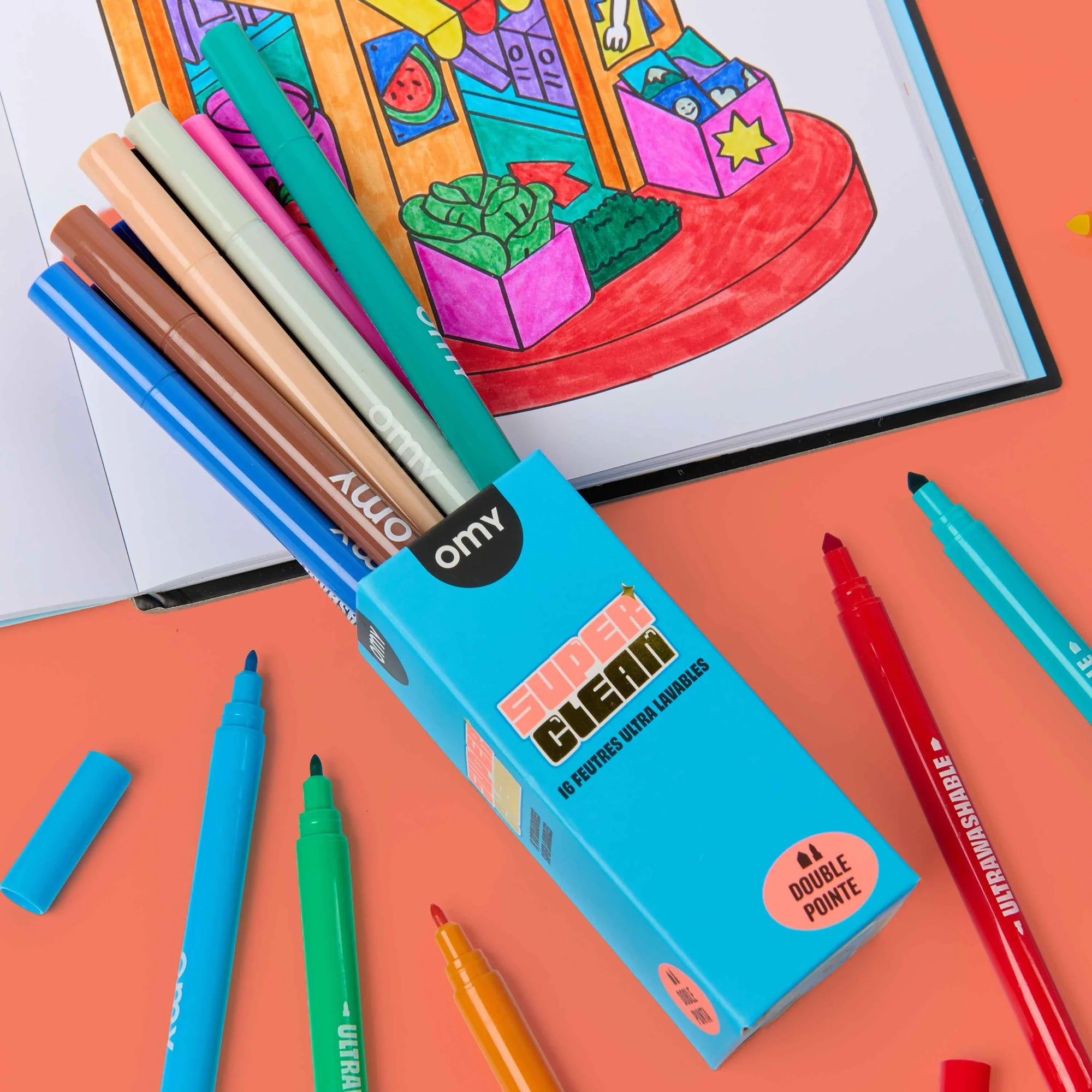 Feutres ultra-lavables Super Clean 16 couleurs d’Omy – coloriage en cours