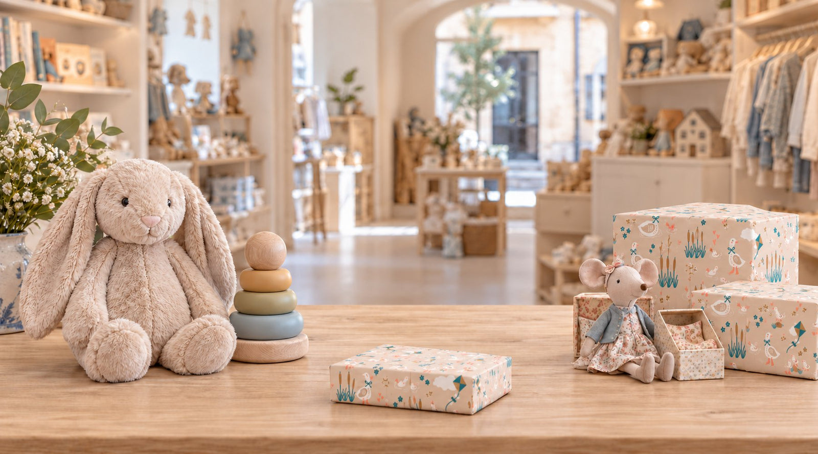 Peluche, jouet en bois et cadeaux emballés dans le papier cadeau Emilie & Compagnie – liste de naissance et liste de cadeaux à Aix-en-Provence