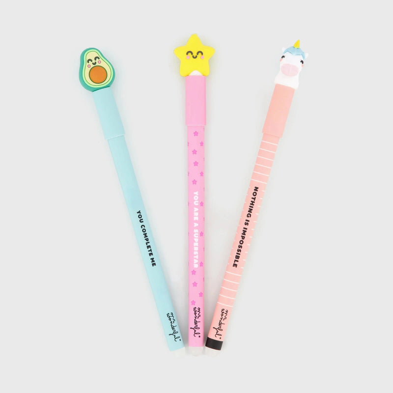 Lot de 3 stylos effaçables Bo-Bo - Étoile, avocat et licorne - MR. WONDERFUL 