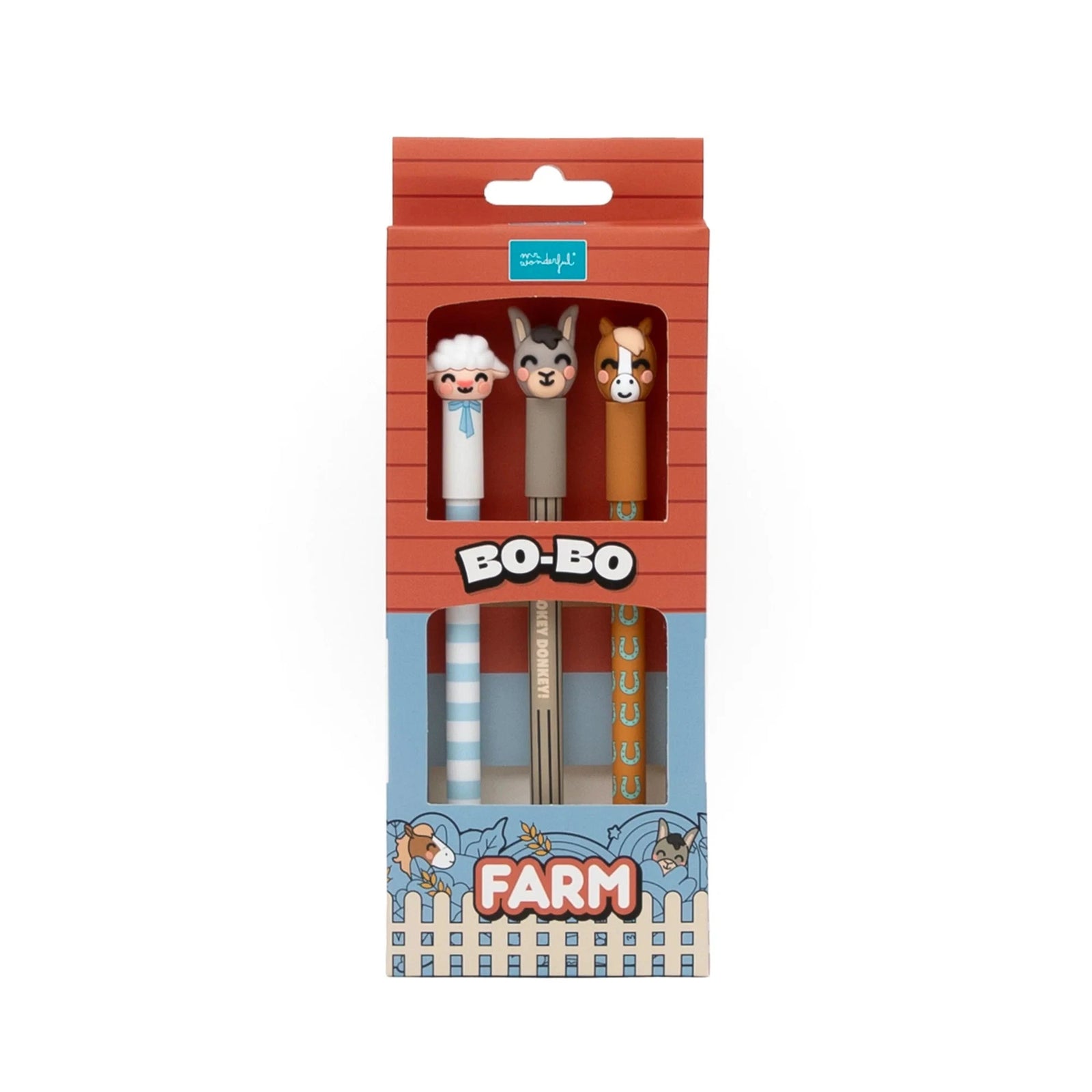 lot de 3 stylos effaçables Bo-Bo – Ferme : Agneau, Âne et Cheval - MR. WONDERFUL 