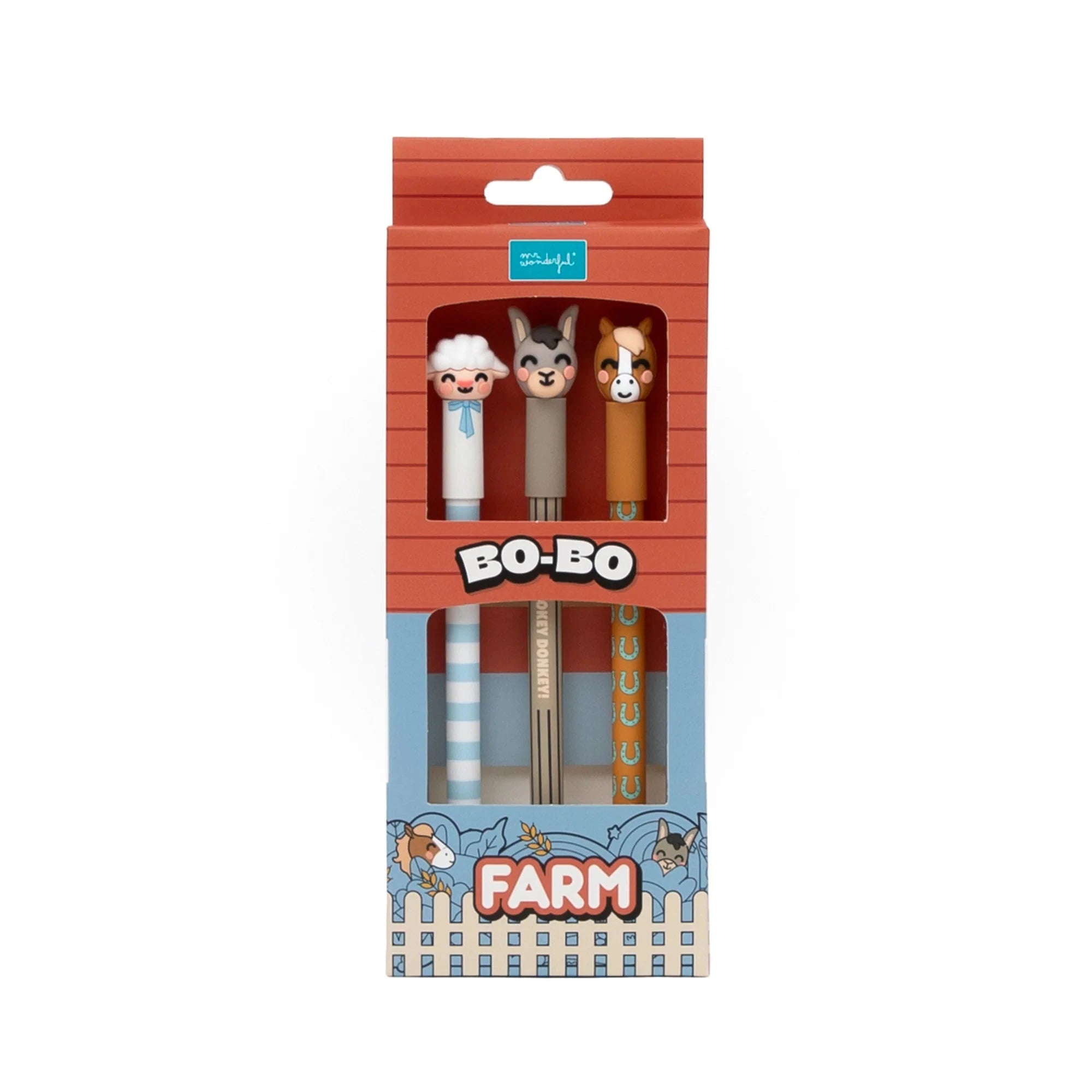 lot de 3 stylos effaçables Bo-Bo – Ferme : Agneau, Âne et Cheval - MR. WONDERFUL