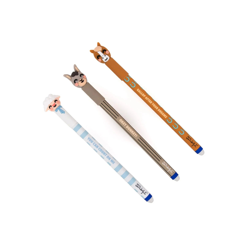 lot de 3 stylos effaçables Bo-Bo – Ferme : Agneau, Âne et Cheval - MR. WONDERFUL 