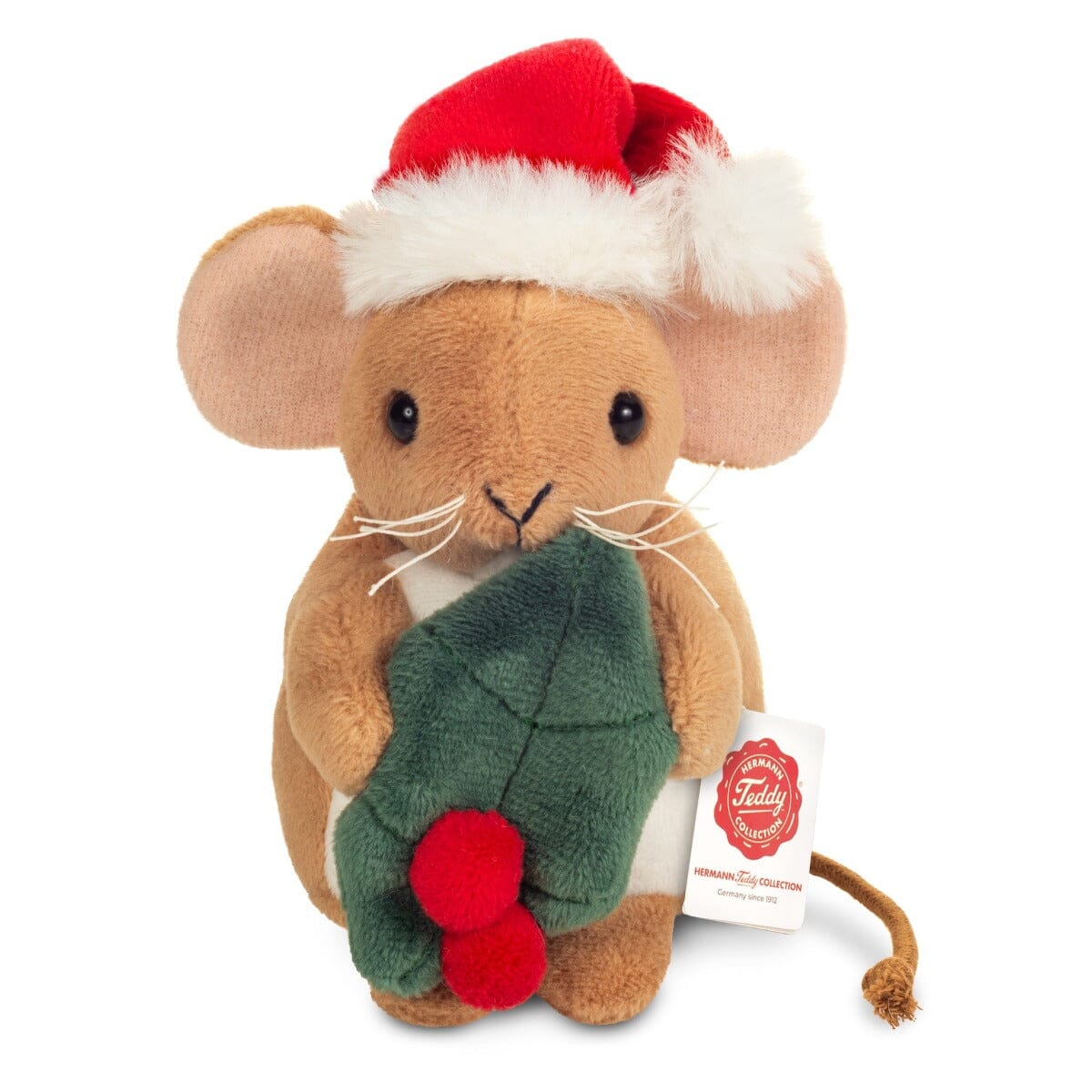 Peluche souris de Noël avec houx 11 cm Teddy Hermann