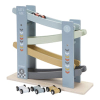 Piste de voitures en bois bleue avec 4 voitures de Little Dutch