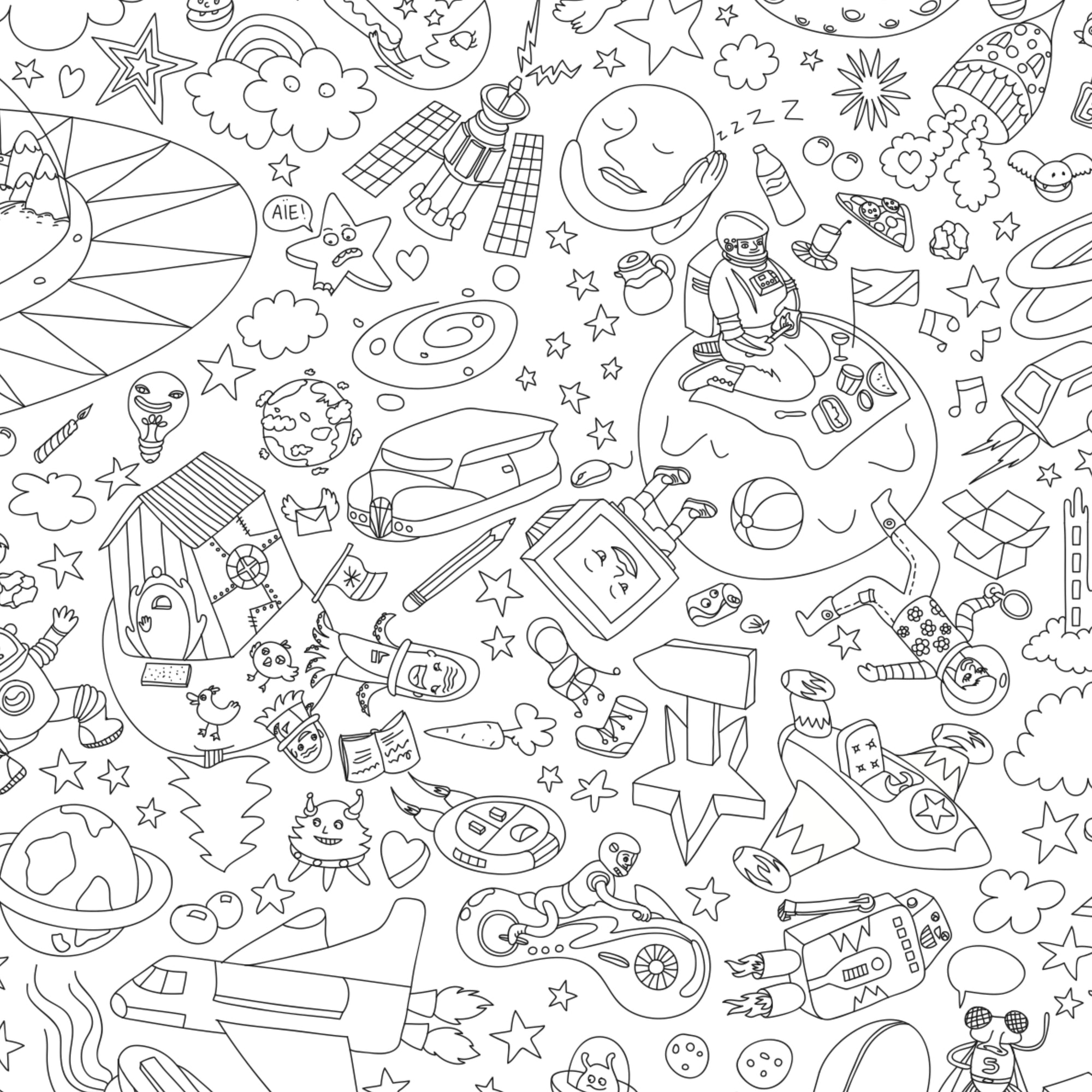 Poster géant à colorier Cosmos d’Omy – détail alien et fusée