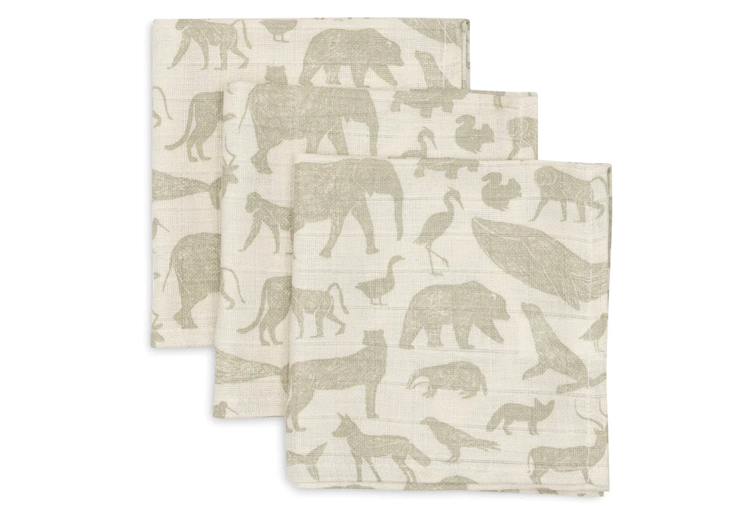 Serviette gaze de Coton 31x31cm Animals Olive Green (3p) - JOLLEIN 537-848-67043 8717329377097