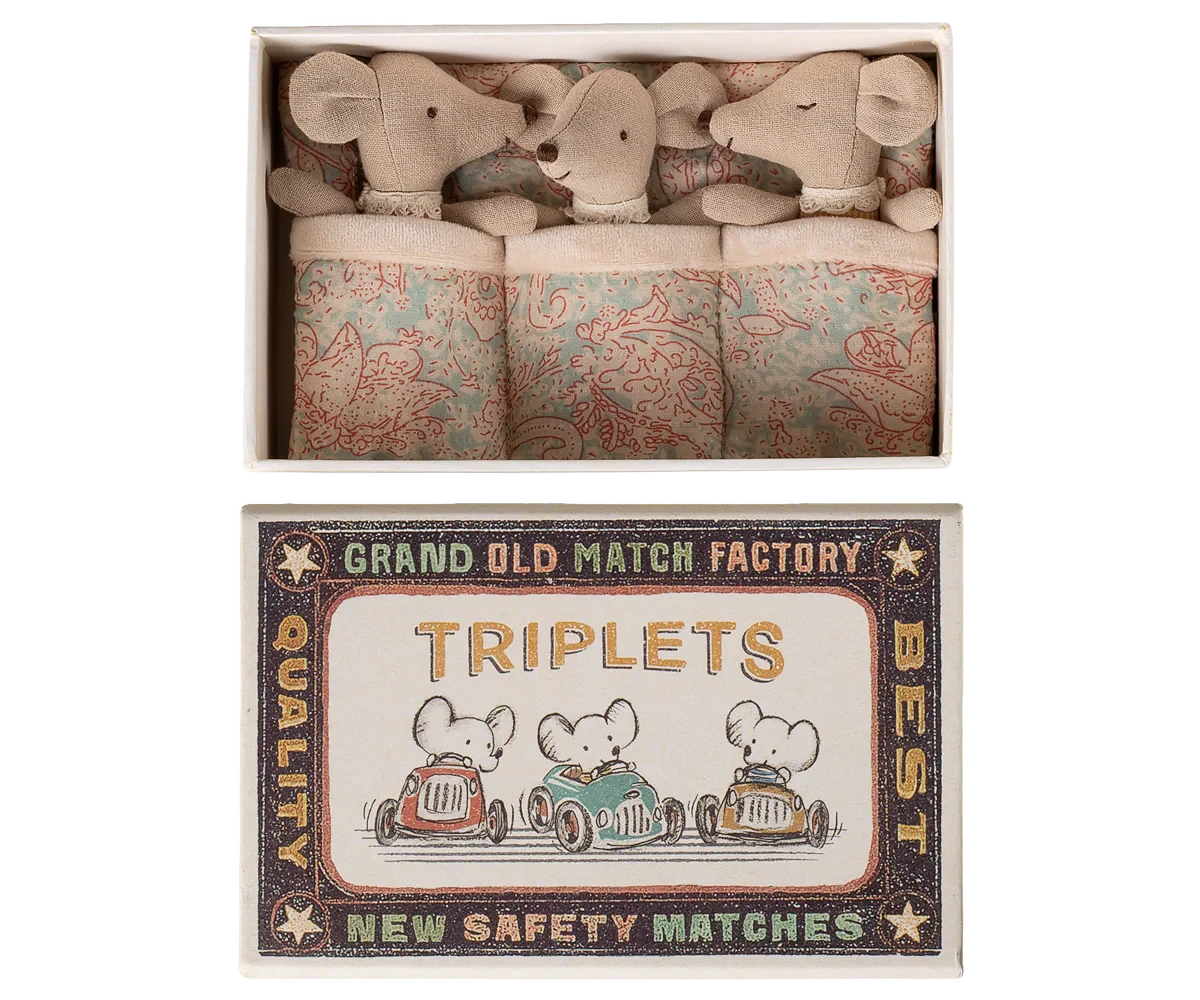 Triplés Bébés souris dans leur boîte assortie Vichy - MAILEG 