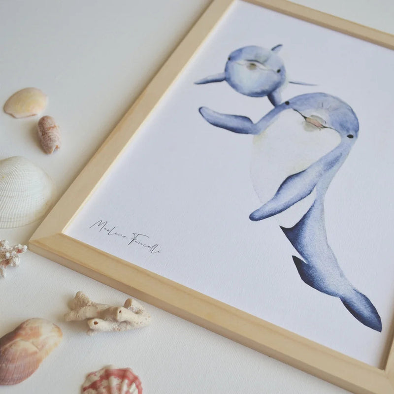 Aquarelle en cadre Famille dauphins- Marlène Fancelli Art famille dauphins 1234512363