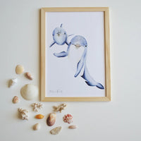 Aquarelle en cadre Famille dauphins- Marlène Fancelli Art famille dauphins 1234512363