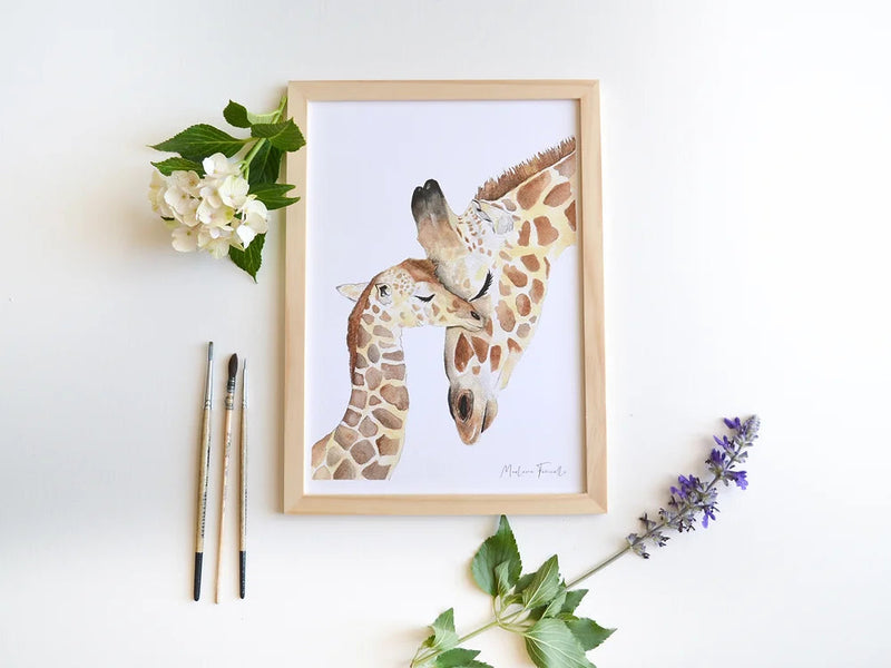 Aquarelle en cadre famille girafe - Marlene Fancelli Art famille girafe 134728673946