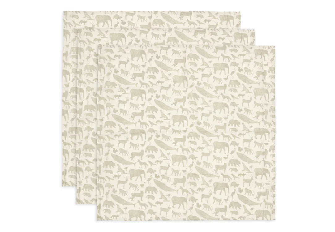 Lange gaze de coton 70x70cm Animals olive green pack de 3- JOLLEIN 535-851-67043 8717329376984