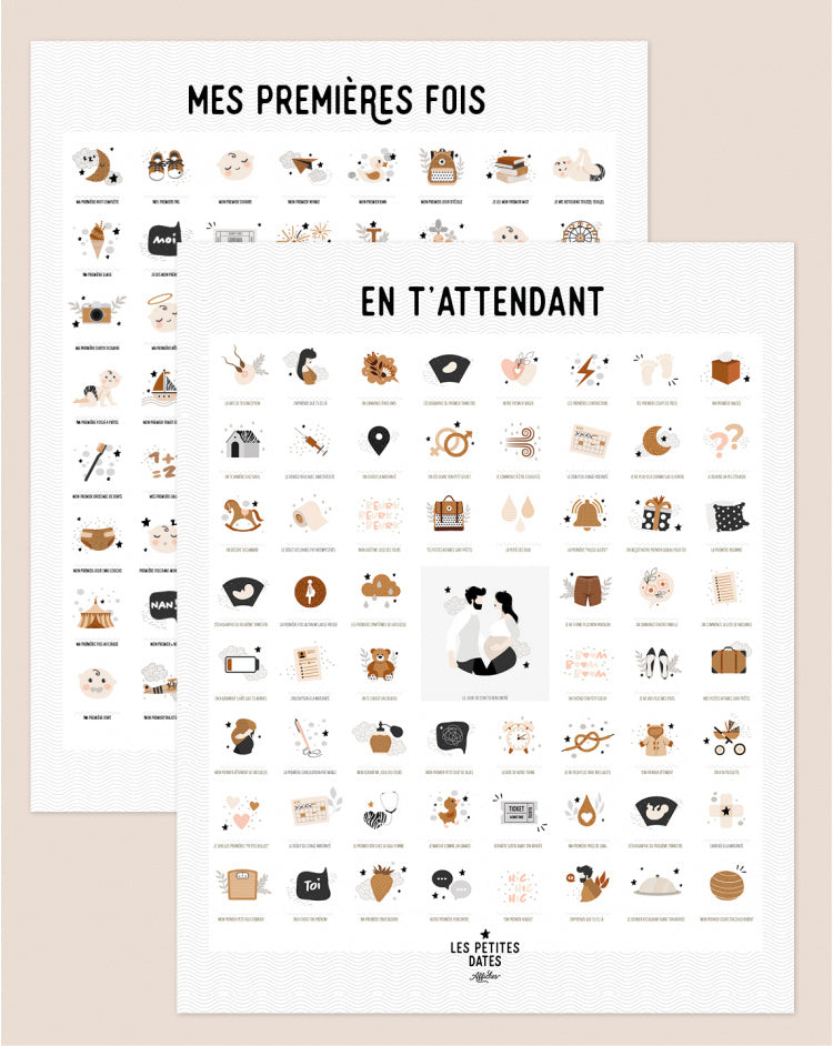 PACK DUO AFFICHE A TAMPONNER "EN T'ATTENDANT" + "MES PREMIÈRES FOIS" - LES PETITES DATES PACK-ETA-PF-ORI-CLAIR-MP 3770025645186